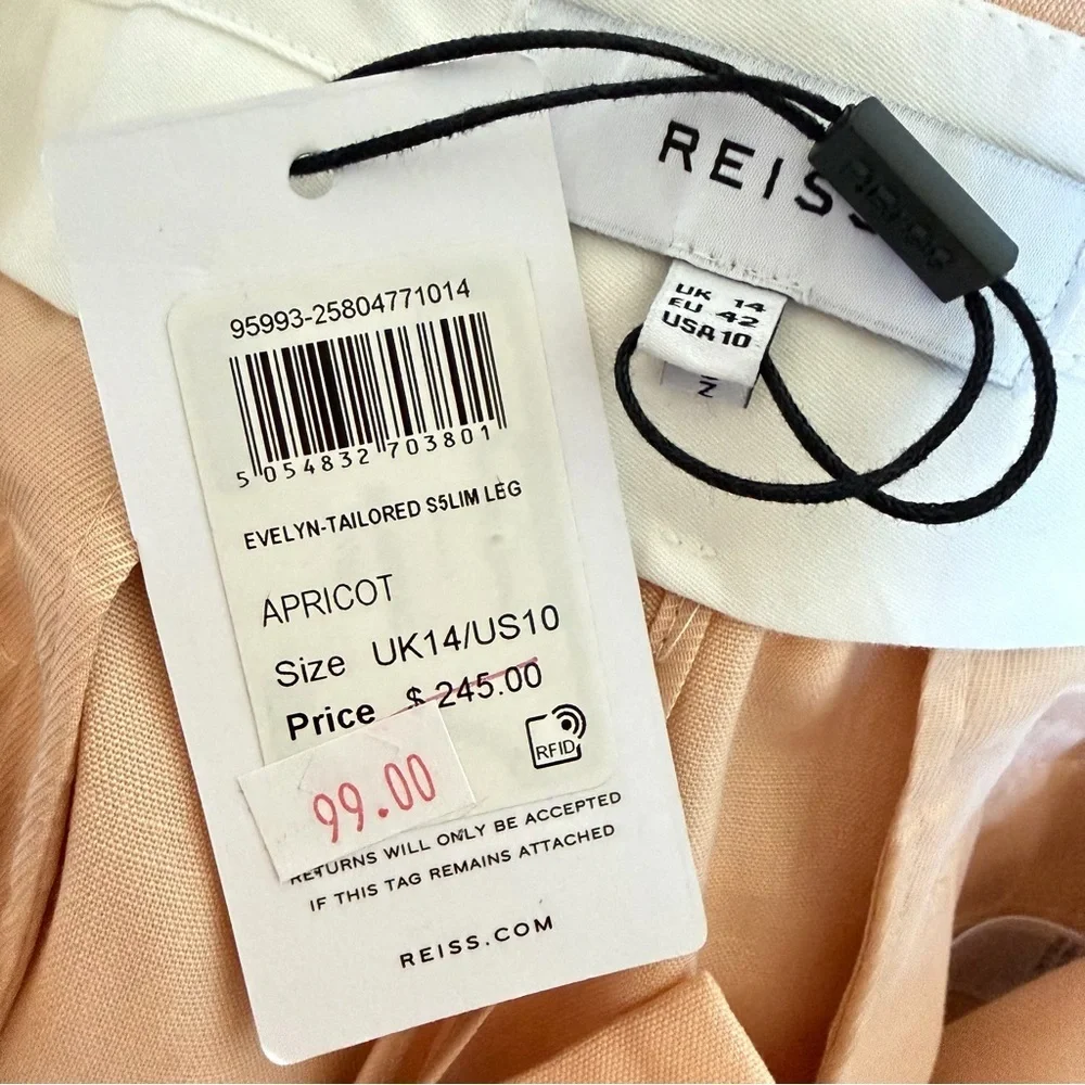 New! REISS Apricot Evelyn Wool Linen Blend Slim Fit Trousers Pants 41541
